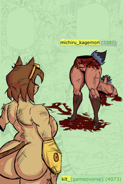 anthro beaten big_breasts big_butt blood bodily_fluids breasts butt curvy_figure cut_in_half death duo female female/female wounded mainfdev brand_new_animal gameoverse glitch_productions jujutsu_kaisen studio_trigger kit_bodega michiru_kagemori absurd_res hi_res