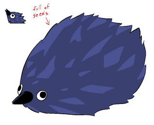 ambiguous_gender beak black_beak black_eyes blue_body derp_eyes directional_arrow feral fluffy overweight simple_background solo sprite text white_background artistbroth full_of_milk/soup_(meme) avian bird corvid darkner kawkaw_(deltarune) oscine passerine english_text reference_image