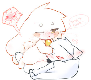 anthro bell bell_collar blush blush_lines blush_stickers bodily_fluids breath brown_eyes chibi circle_eyebrows collar confusion covering covering_eyes covering_face dialogue duo eyebrows eyes_closed female female_on_top fur genital_fluids genitals heart_symbol impregnation lying male male/female on_back on_pillow on_top one_eye_closed ovum ovum_penetration ovum_with_heart penetration pillow pink_text pink_text_box question_mark sex speech_bubble sperm_cell tail text vaginal vaginal_fluids vaginal_penetration vulva white_body white_ears white_fur kirichiiii felid feline lagomorph leporid mammal rabbit 2025 colored digital_drawing_(artwork) digital_media_(artwork) english_text