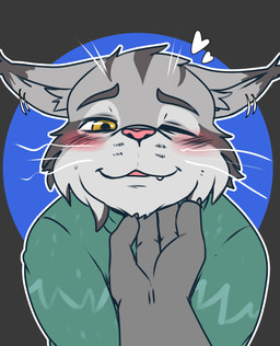 amber_eyes ambiguous_gender anthro blush chin_scratch clothed clothing cute_fangs disembodied_hand duo ear_twitch fangs first_person_view fur geometric_background green_clothing green_sweater green_topwear grey_body grey_fur heart_symbol looking_at_viewer male one_eye_closed simple_background sweater teeth topwear whiskers saku1saya disney zootopia pawbert_lynxley felid feline lynx mammal absurd_res hi_res