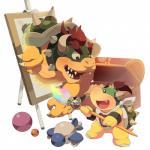 1:1 2016 anthro bowser bowser_jr. claws duo father_(lore) father_and_child_(lore) father_and_son_(lore) hair happy horn koopa male mario_bros nintendo open_mouth parent_(lore) parent_and_child_(lore) parent_and_son_(lore) red_eyes red_hair scalie shell short_hair simple_background son_(lore) spikes teeth toy white_background zabumaku