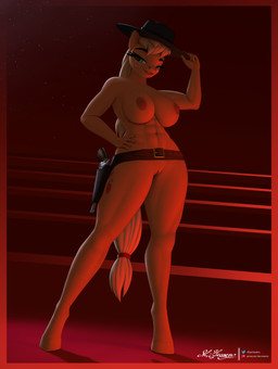 abs anthro areola bedroom_eyes belt clothing cowboy_hat cutie_mark eyebrows eyelashes female freckled_chest freckled_face freckles genitals green_eyes gun hand_on_hip handgun hat headgear headwear holster holstered_revolver hooves long_eyelashes mostly_nude narrowed_eyes ranged_weapon revolver seductive solo vulva weapon wide_brim_hat clearvision friendship_is_magic hasbro marty_robbins my_little_pony applejack_(mlp) earth_pony equid equine horse mammal pony 3d_(artwork) absurd_res digital_media_(artwork) hi_res