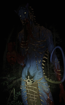 ambiguous_gender bioluminescence black_hair blood blood_on_face blood_on_hand blood_splatter blue_body blue_skin bodily_fluids bone bone_charm bottomwear bracelet clothing corpse death facial_piercing female flashlight forest furry_specific_accessory glowing glowing_eyes hair happy happy_sex imminent_death jewelry loincloth looking_at_viewer navel night nose_piercing nose_ring piercing plant pubes ring_piercing severed_body_part severed_head sex skull_accessory skull_jewelry solo tail_wrapping tree tribal eggyboj james_cameron's_avatar donald_trump alien felid feline human humanoid mammal na'vi hi_res