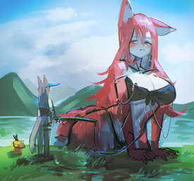 ambiguous_gender annoyed anthro biped blush bucket clothed clothing container duo female fish_hook fishing fishing_rod grass hat headgear headwear hook kemono lake larger_anthro larger_female looking_at_another macro macro_anthro macro_female micro mountain one_ear_up plant size_difference sky smaller_ambiguous smaller_anthro standing swimwear visor_cap water wet yellow_eyes utterangle unnamed_fox_(utterangle) canid canine fox mammal species_request colored digital_media_(artwork) hi_res shaded