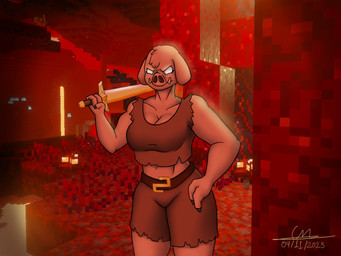 anthro big_breasts biped breasts clothed clothing female female_anthro golden_sword nether solo standing cmaster1987 microsoft minecraft mojang xbox_game_studios mammal piglin suine hi_res