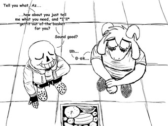 anthro basket blush bone container dialogue duo embarrassed eyes_closed food fruit horn looking_away male nervous plant skeleton text komododad deltarune undertale undertale_(series) asriel_dreemurr sans_(undertale) animated_skeleton boss_monster_(undertale) bovid caprine goat humanoid mammal undead 2025 4:3 black_and_white comic english_text hi_res monochrome