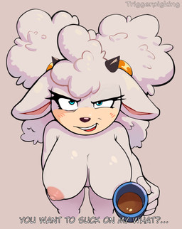 anthro areola big_breasts biped blue_eyes blush breasts container cup dialogue eyelashes female female_anthro front_view hair holding_container holding_cup holding_object looking_at_viewer nipples pink_areola pink_nipples pupils simple_background solo text white_body white_hair triggerpigart idw_publishing sega sonic_the_hedgehog_(comics) sonic_the_hedgehog_(idw) sonic_the_hedgehog_(series) lanolin_the_sheep_(sonic) bovid caprine mammal sheep absurd_res hi_res