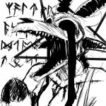 1:1 anthro baphomet_(deity) black_and_white black_eyes bovid breasts caprine caprine_demon cleavage clothed clothing deity demon female futhark goat_demon hi_res hladilnik horn lucy_(hladilnik) mammal monochrome nightmare_fuel norse_runes open_mouth praying reaction_image runes scar sharp_teeth solo teeth text y_incision