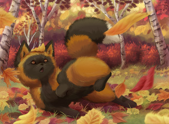 ambiguous_gender autumn black_body black_fur feral forest fur leaf orange_body orange_eyes orange_fur outside plant rolling solo tree uluri canid canine cross_fox fox mammal red_fox true_fox hi_res