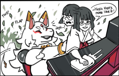 anthro asian_clothing bell bell_collar big_breasts black_hair breasts cleaning clothed clothed_female clothed_human clothing collar dialogue duo east_asian_clothing eyewear featureless_breasts female glasses grey_body hair japanese_clothing leaf machine miko_outfit multicolored_body shrine_maiden speech_bubble tail tail_motion tailwag text torii wearing_glasses white_body white_hair oatmegaplus canid canine fox human mammal robot 2025 english_text
