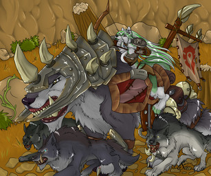 ambiguous_gender anthro armor arrow_(weapon) bow_(weapon) detailed_background female female_anthro feral group horde hunter larger_feral mount path plant ranged_weapon riding rock saddle sharp_teeth shrub size_difference smaller_anthro smaller_female straddling teeth warsong_gulch weapon shiarah blizzard_entertainment warcraft canid canine canis mammal wolf 6:5