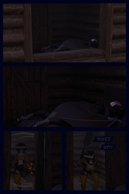 anthro arm_warmers armwear black_body blue_body bottomwear building cabin clothing dialogue door female fur hoodie horn house kick leg_warmers legwear male multicolored_body multicolored_fur shorts text topwear window wings yelling_at_another flauntingfornication bat kobold mammal nardoragon scalie 2:3 3d_(artwork) absurd_res comic digital_media_(artwork) english_text hi_res brother_(lore) brother_and_sister_(lore) sibling_(lore) sister_(lore)