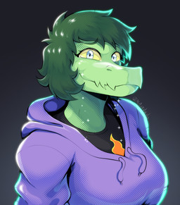anthro bodily_fluids clothing crying eyelashes female green_body green_hair green_scales grey_eyes hair hoodie looking_at_viewer scales short_hair simple_background smile snout solo tears tears_of_joy text topwear yellow_sclera netardado cavemanon_studios i_wani_hug_that_gator olivia_halford baryonyx dinosaur prehistoric_species reptile scalie spinosaurid theropod 2024 absurd_res artist_name digital_drawing_(artwork) digital_media_(artwork) hi_res signature