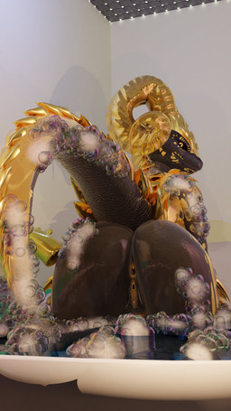 anthro anthrofied anus bath bathing bathroom big_horn black_body black_scales black_sclera clitoris curled_horn female foam genitals glistening glistening_body glistening_scales horn inside looking_at_viewer looking_back looking_back_at_viewer loose_anus navel non-mammal_navel partially_submerged rear_view scales smile smiling_at_viewer soap_bubbles solo vulva water wet wet_body wet_scales yellow_anus yellow_eyes yellow_horn yellow_vulva mrs_dexie furromantic_(modeler) capcom monster_hunter kulve_(furromantic) elder_dragon kulve_taroth scalie 2024 3d_(artwork) absurd_res digital_media_(artwork) hi_res