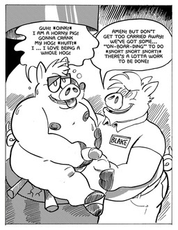 after_transformation anthro anthro_on_anthro aroused bodily_fluids border dialogue dominant dominant_male duo eyewear genitals glasses half-closed_eyes male male/male masturbation narrowed_eyes nipples overweight overweight_male penis smile speech_bubble submissive submissive_male sweat text tongue tongue_out wearing_glasses white_border billy_fore blake_(billy_fore) domestic_pig mammal suid suine sus_(pig) black_and_white comic english_text hi_res monochrome