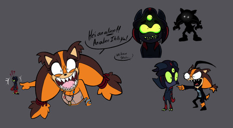 anthro breasts cleavage clothed clothing dialogue duo female gesture hand_gesture insane jewelry male multi_eye necklace partial_speech_bubble pointing pointing_at_another sharp_teeth sparkles sparkling_eyes speech_bubble teeth invdrscar invader_zim nickelodeon sega sonic_boom sonic_the_hedgehog_(series) dib_membrane plagg_(invdrscar) sticks_the_jungle_badger zim_(invader_zim) alien badger black_arms_(sonic) mammal mustelid musteline hi_res
