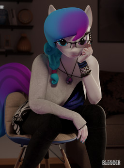anthro blue_eyes blue_nail_polish blue_nails bracelet braided_hair braided_ponytail chair clothing colored_nails eyewear female furniture glasses gradient_hair gradient_tail hair heterochromia jewelry leaning leaning_forward leggings legwear multicolored_hair nails necklace ponytail purple_eyes purple_hair purple_tail sitting solo tail turquoise_hair turquoise_tail two_tone_hair anthroponiessfm hasbro my_little_pony aurora_starling fan_character earth_pony equid equine horse mammal pony 3d_(artwork) absurd_res blender_(artwork) blender_cycles_(artwork) digital_media_(artwork) hi_res