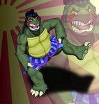 2017 4_toes absurd_res anthro black_hair blowup_background blue_clothing brown_eyes capcom claws clothing edmond_honda feet foot-paws green_body hair hi_res one_leg_up open_mouth raised_leg reptile scalie simple_background solo street_fighter teeth toes tongue turtle