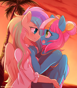 anthro blue_eyes blush breasts clothed clothing duo eye_contact eyebrows eyelashes feathered_wings feathers female female/female green_eyes hair hair_bun hug long_hair looking_at_another multicolored_hair open_mouth outside palm_tree plant smile sunset tree wings verawitch hasbro my_little_pony mythology fan_character equid equine mammal mythological_creature mythological_equine pegasus 2017 hi_res