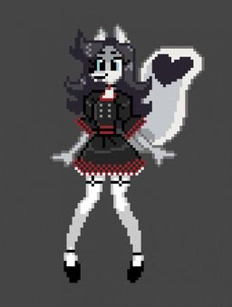 anthro black_hair choker clothing dress fangs female fur garter_straps grey_background grey_body grey_fur hair heart_(marking) jewelry legwear long_hair markings necklace simple_background smile solo stockings teeth white_body white_fur wide_eyed cadaverrdog katarina_(arcticsky) canid canine canis mammal vampire wolf 2022 digital_media_(artwork) hi_res pixel_(artwork) nonbinary_(lore) trans_(lore) trans_woman_(lore)