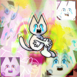 ambiguous_gender anthro blowup_background bodily_fluids crying featureless_feet feet nude open_mouth pointy_ears prick_ears simple_background solo tail tears toony white_body plastiboo domestic_cat felid feline felis mammal 1:1 collage_(artwork) colorful_theme