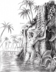 bathing breasts detailed_background female forest genitals jungle nature nipples open_mouth outside plant pussy sky solo tree catwarrior_(artist) felid leopard mammal pantherine 2007 distracting_watermark monochrome watermark