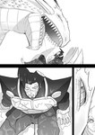 bodily_fluids chest_scar claws clothed clothing detailed_eyes facial_scar group male on_hand pupils saliva saliva_covered saliva_string scales scar sharp_teeth slit_pupils teeth tongue trio karino_wagashi mythology zatch_bell! ashron elzador vincent_bari dragon humanoid mythological_creature mythological_scalie scalie comic hi_res monochrome