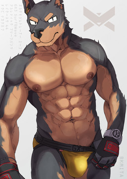 abs anthro black_body black_fur black_nose bulge clock clothing ear_piercing ear_ring fur gloves handwear looking_at_viewer male muscular muscular_anthro muscular_male navel navel_piercing nipples pecs piercing ring_piercing simple_background solo speedo swimwear tan_body tan_fur text text_on_clothing text_on_swimwear underwear vein watch yellow_clothing yellow_underwear bk-mita canid canine canis dobermann domestic_dog mammal pinscher 2020 digital_media_(artwork) english_text hi_res japanese_text partially_translated translation_check translation_request
