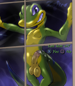against_surface anthro balls balls_on_glass biped bodily_fluids erection foreskin genital_fluids genitals green_body grin humanoid_genitalia humanoid_penis long_foreskin looking_at_viewer male navel non-mammal_balls non-mammal_navel nude on_glass penis penis_on_glass precum seductive smile solo tail text unretracted_foreskin window yellow_body zafiro_rosso_(artist) gex_(series) gex_the_gecko gecko lizard reptile scalie english_text hi_res