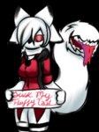 anthro bodily_fluids clothed clothing drooling female fluffy fluffy_tail fur glowing glowing_eyes herm intersex legwear neck_tuft saliva sign smile solo static_fluff tail tail_mouth thigh_highs tongue tongue_out tuft unusual_anatomy unusual_tail white_body white_fur laffulaffubread lucielle_(laffulaffubread) chimera humanoid alpha_channel low_res