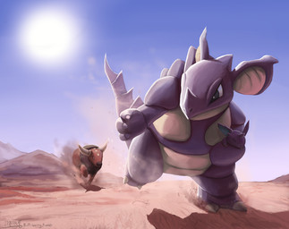 breasts claws day featureless_breasts female group horn light male running sand sun sunlight text mcg.mark nintendo pokemon bovid bovine generation_1_pokemon mammal nidoqueen nidoran nidoran♂ pokemon_(species) tauros signature url