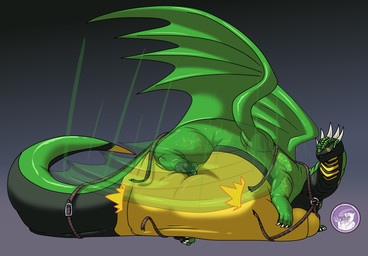 black_body feral flapping_wings green_body harness horn lying male multicolored_body obese overweight pawpads snapping_harness tail tearing_clothes tearing_harness thick_tail trying_to_fly wings yellow_body hyperchibiabsol mythology dragon mythological_creature mythological_scalie scalie hi_res