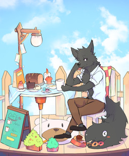 anthro biped black_body black_fur bottomwear bread cake candle chair clothed clothing cloud container cup denim denim_bottomwear denim_clothing dessert doughnut food fur furniture holding_container holding_cup holding_object jeans male open_clothing open_shirt open_topwear pants paper pastry shirt sitting sky solo table tablecloth topwear woong canid canine canis mammal wolf
