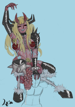 animal_legs areola arm_warmers armpit_hair armwear balls balls_on_head black_lipstick bodily_fluids body_hair bracelet chain choker clothing dark_nipples dark_sclera digitigrade foreskin genitals gynomorph hooves horn humanoid_genitalia humanoid_penis intersex jewelry lipstick looking_at_another looking_down looking_down_at_another makeup necklace nipple_piercing nipples partially_retracted_foreskin penile_spines penis penis_in_face piercing pubes pupils red_eyes slit_pupils solo solo_focus spiked_bracelet spiked_knee_pads spiked_pauldron spikes sweat sweaty_genitalia sweaty_penis vein veiny_penis salaciouslx marvel x-men magik demon humanoid 2026 hi_res signature