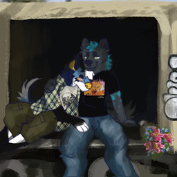 anthro clothed clothing cuddling duo flower male male/male plant train_car blobky_x axel(axelyeen) ezekiel_yeen hyena mammal 1:1 absurd_res hi_res