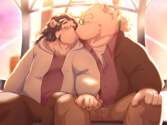 anthro black_hair blush duo eyewear glasses hair hand_holding kissing male male/male overweight overweight_male ponytail sunset bonbonkun15 lifewonders tokyo_afterschool_summoners leib_(tas) bear mammal polar_bear ursine 4:3