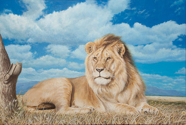 blue_sky cloud day feral fur grass lying male mane on_grass on_ground orange_eyes plant quadruped savanna sky solo tan_body tan_fur tan_mane grazianoroccatani felid lion mammal pantherine 2015 acrylic_painting_(artwork) painting_(artwork) traditional_media_(artwork) traditional_painting_(artwork)