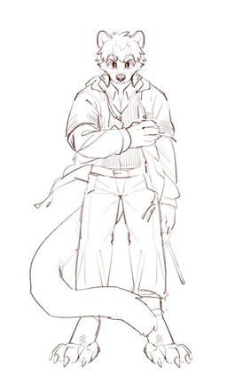 anthro belt bottomwear clothed clothing hair jacket looking_at_viewer male messy_hair mouth_closed pants short_hair simple_background solo standing topwear unsigned asnnonaka species_request monochrome
