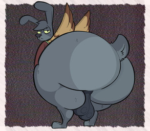 anthro backsack balls bent_over big_balls big_butt black_body black_ears black_eyes black_fur black_nose black_tail brown_clothing brown_robe brown_wings buckteeth butt clothing fur genitals grey_body grey_fur half-closed_eyes huge_balls huge_butt huge_thighs hyper hyper_butt long_ears looking_at_viewer looking_back male multicolored_body multicolored_fur narrowed_eyes rear_view robe scut_tail short_tail solo tail teeth thick_thighs two_tone_body two_tone_fur two_tone_wings wings yellow_sclera stankbank angel_hare the_east_patch angel_zaggy angel angel_hare_(the_east_patch) hare lagomorph leporid mammal rabbit 2024 digital_media_(artwork) hi_res