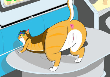 animal_genitalia anus butt butt_focus female feral fur furniture genitals green_eyes on_table orange_body orange_fur raised_tail sofa solo striped_body striped_fur stripes table tail visor vulva white_paws sock_puppeteer blizzard_entertainment overwatch fika_(overwatch) domestic_cat felid feline felis mammal absurd_res digital_media_(artwork) hi_res