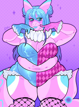 anthro bangs belly big_breasts blue_eyes blue_hair blue_lips blue_markings bottomwear breasts clothing corset eyelashes female fishnet_clothing fishnet_stockings front_view hair hotpants legwear lingerie lips long_eyelashes long_hair looking_down makeup markings minishorts navel non-mammal_breasts non-mammal_navel overweight overweight_anthro overweight_female pink_body shorts simple_background skindentation smile solo standing tail thick_thighs thigh_highs topwear white_markings wide_hips szaris aquatic fish shark 2025 colored digital_drawing_(artwork) digital_media_(artwork) flat_colors hi_res