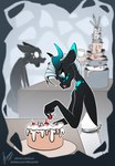 6_eyes anthro blurred_background cake cooking dessert dishes duo female food horn kitchen kitchen_utensils male male/male multi_eye open_mouth text tongue tongue_out tools stirren stirren_(stirren) woon_(sixeyedfox) canid canine fox kobold mammal scalie hi_res url