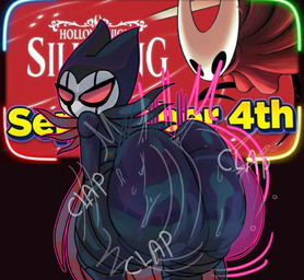 ambiguous_gender ass_clapping ass_up big_butt bodily_fluids butt butt_focus clap clap_(sound_effect) clapping clothing looking_back motion_lines sound_effects sweat sweatdrop sweater sweaty_butt sweaty_legs text topwear twerking halfpricesouls hollow_knight:_silksong hollow_knight_(franchise) team_cherry grimm_(hollow_knight) hornet_(hollow_knight) arthropod 2025 absurd_res english_text hi_res