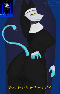 anthro butt butt_grab dialogue female hand_on_butt nun_outfit smile solo tail milktripp deltarune undertale_(series) tasque_manager tasque_manager_(nun) 2026 hi_res