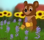 anthro brown_body brown_eyes brown_fur clothing flower fur gardening gloves handwear looking_at_viewer male outside plant smile solo yellow_clothing yellow_gloves yellow_handwear young young_anthro g-cat dakota_(newt65) bear brown_bear grizzly_bear mammal ursine signature