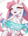 anthro convenient_censorship fangs female fur heart_eyes heart_symbol looking_at_viewer multicolored_body multicolored_fur nude open_mouth pink_body pink_fur teeth text white_body white_fur rilex_lenov nintendo pokemon mina_(rilex_lenov) eeveelution generation_6_pokemon pokemon_(species) sylveon 2020 english_text