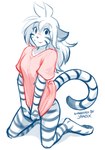 anthro blush bottomless bottomless_anthro bottomless_female clothed clothing covering covering_crotch covering_own_crotch covering_self cute_fangs digitigrade fangs female fur kneeling looking_at_viewer pawpads shirt simple_background smile solo striped_body striped_fur stripes teeth topwear white_background conditional_dnp tom_fischbach twokinds flora_(twokinds) felid keidran mammal pantherine tiger 2025 hi_res monochrome sketch spot_color