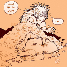 ambiguous_gender anthro clothed clothing cookie dialogue duo female food mouth_closed nude simple_background speech_bubble text 0ct0m0n0 ianalunette miko_(0ct0m0n0) eulipotyphlan haplorhine hedgehog mammal monkey primate rodent artist_name english_text hi_res monochrome male_(lore)