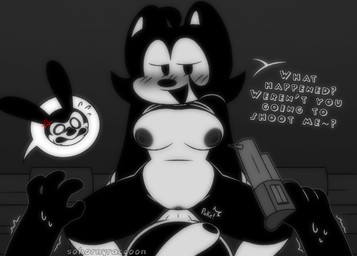annoyed anthro asking black_body black_clothing black_hair black_shirt black_topwear blush blush_lines bodily_fluids bulge clitoris clothed clothing cross-popping_vein erection erection_under_clothing female female_focus first_person_view fleischer_style_toon footwear genitals gun hair half_naked handgun holding_gun holding_handgun holding_object holding_ranged_weapon holding_revolver holding_weapon male male/female male_pov markings mostly_nude nervous nervous_sweat open_mouth raised_clothing raised_shirt raised_topwear ranged_weapon revolver shirt simple_background sitting smile socks sweat sweatdrop text toony topwear vulva weapon white_markings sohornyraccoon disney friday_night_funkin' friday_night_funkin'_d-sides_(fnf_mod) wednesday's_infidelity_(fnf_mod) euthanasia_rabbit.mov_(fnf_mod) oswald_the_lucky_rabbit sunny_(oswald's_fangirl) lagomorph leporid mammal procyonid rabbit raccoon black_and_white monochrome watermark