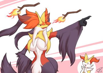 anthro big_breasts breasts female fur inner_ear_fluff nude red_body small_waist smile tuft white_body wide_hips yellow_body yellow_fur coolryong nintendo pokemon braixen canid canine generation_6_pokemon generation_9_pokemon mammal mega_delphox mega_evolution pokemon_(species) absurd_res hi_res